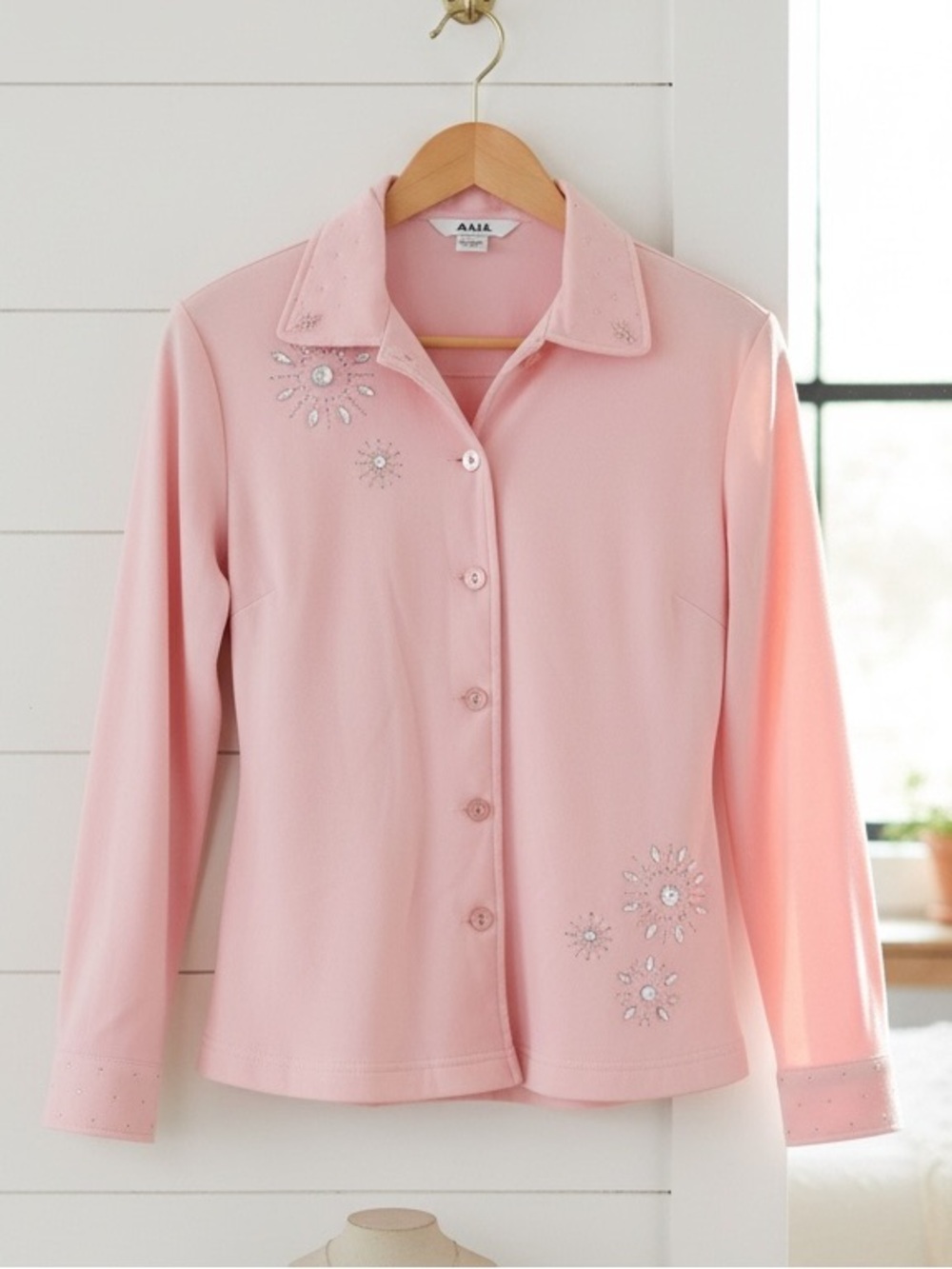 Vintage Alia Pink Embellished Button-Up Blouse / Light Jacket Size 8P